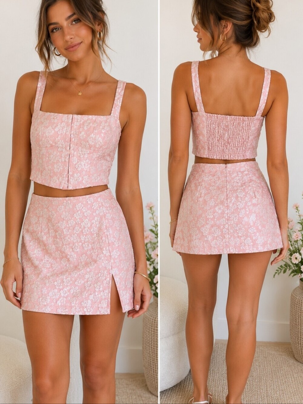 Wild Fable Pink Floral Jacquard Matching Set Crop Top & Mini Skirt Homecoming